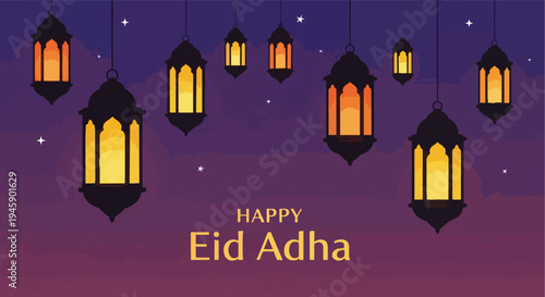 Lanterns in night sky Happy Eid Adha card isolated white background


