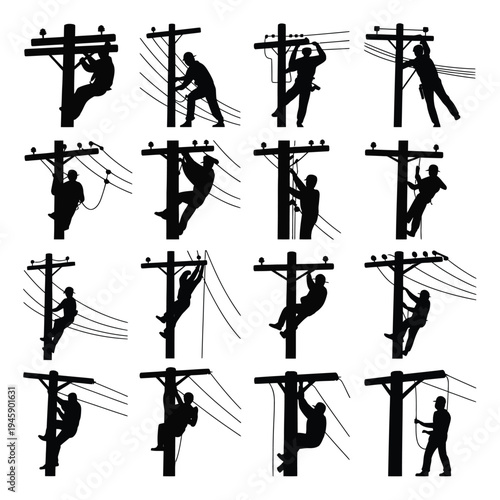 Silhouettes of Linemen Working on Utility Poles