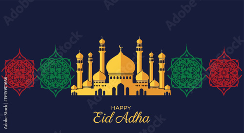 Golden mosque skyline Eid Adha greeting isolated white background

