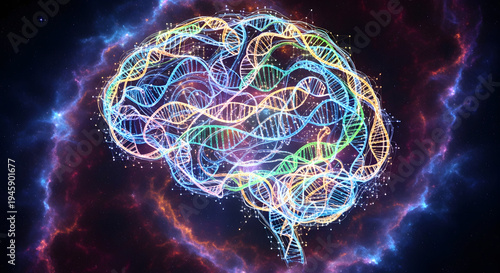 Abstract Human Brain Formed by Glowing DNA Helix Sequences