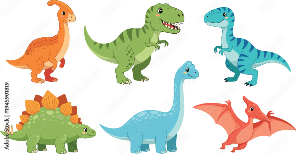 Naklejka premium Cute dinosaur characters collection tyrannosaurus stegosaurus brachiosaurus parasaurolophus pterodactyl cartoon prehistoric animals flat vector illustration set