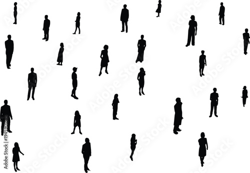 Crowd of people silhouettes standing in various poses isolated on white background for architecture and urban design projects