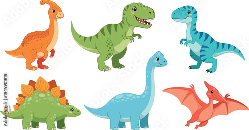 Cute dinosaur characters collection tyrannosaurus stegosaurus brachiosaurus parasaurolophus pterodactyl cartoon prehistoric animals flat vector illustration set