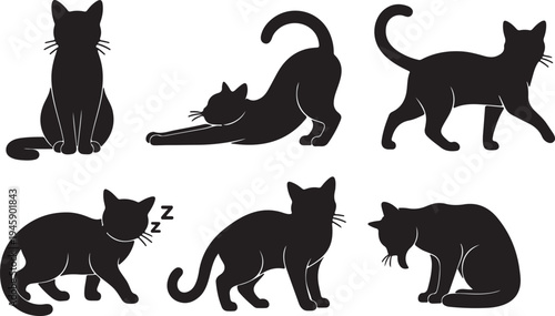 Black Cat Silhouette Vector Set - Diverse Feline Pose Icon Collection