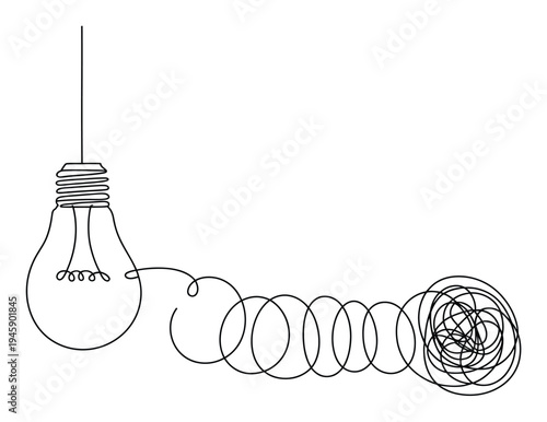 Single Line of a Lightbulb with a Tangled Cord Representing Ideas