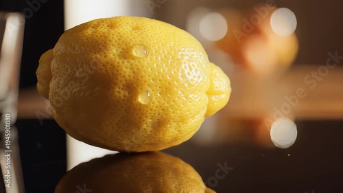 Close up of a yellow lemon on a reflective surface