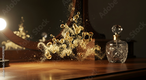 Abstract Golden Scent Molecules Floating Above Vintage Perfume Bottle