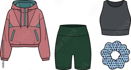 Fashion illustration of a pink hoodie, green shorts, gray sports bra, and blue scrunchie on a white background.