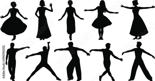 Silhouettes of ten dancers in expressive poses, featuring male and female figures in dynamic stances, perfect for dance, performance, and creative design projects.