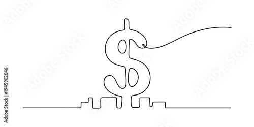 Continuous line drawing of a dollar sign rising above a city skyline, representing economic growth and financial success Vector, illustration