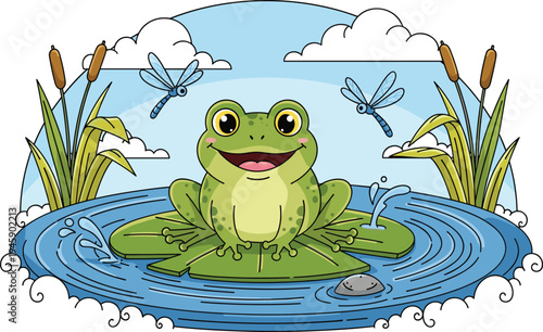 Cute frog sitting on lily pad in pond with dragonflies cartoon nature flat vector illustration