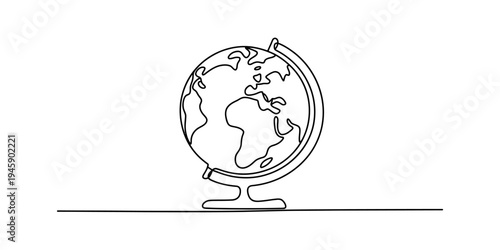 Simple black and white continuous line art drawing of a world globe for education and travel concepts Vector, illustration
