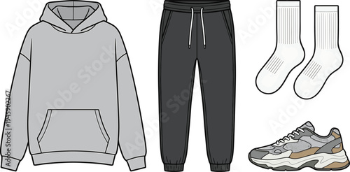Person wearing athletic clothing including sweatshirt and pants with shoes