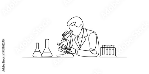 A continuous single-line drawing illustrating a scientist using a microscope in a laboratory setting Vector, illustration