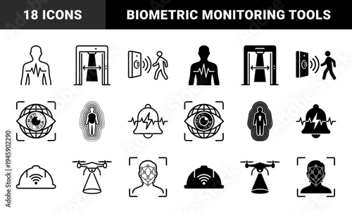 Biometric security and smart monitoring hybrid icons featuring infrared thermal scanning facial recognition and remote drone surveillance systems