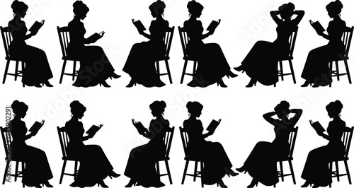 Silhouettes of twelve vintage women seated on chairs reading books, showcasing diverse postures and styles, perfect for literature, fashion history, and creative design projects.