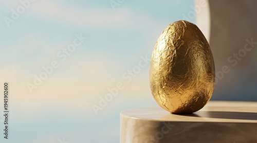 A luxurious golden Easter egg on a pedestal
