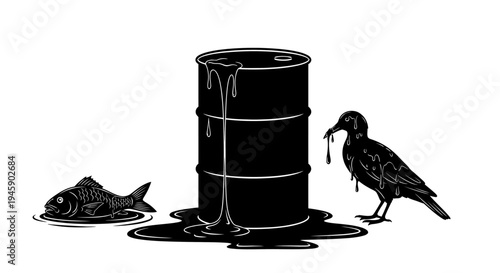 Oil spill pollution harms a fish and a bird near a leaking barrel in a contaminated environment outdoors.