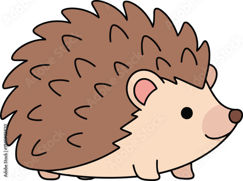 Cartoon hedgehog with brown quills and light tan belly Black outline coloring book