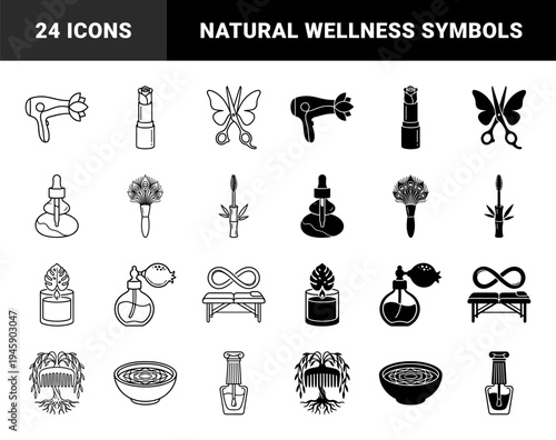 Abstract beauty and wellness hybrid symbols merging salon tools with organic botanical elements in minimalist line and solid silhouette styles