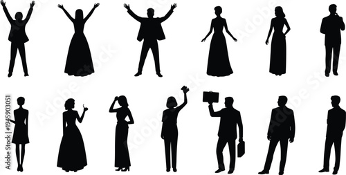 Stylized silhouettes of twelve people in formal, casual, and professional poses, showcasing diverse attire and gestures, perfect for fashion, lifestyle, and creative design projects.