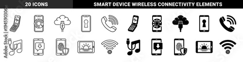 Hybrid communication and mobile security icons featuring smartphone devices merged with vintage rotary dial pads cloud storage cables and biometric protection