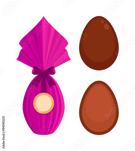 Set of Brazilian and Italian style Easter eggs wrapped in shiny pink foil with a bow. Uova di Pasqua tradition, Latin Easter gift confectionery, holiday, sweets mockup