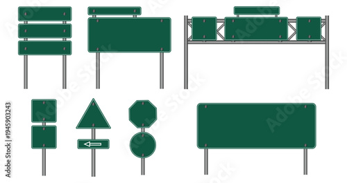 A vector set for direction and highway information.  Green road signboard and traffic signs.