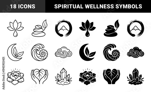 Hybrid Zen Nature Symbols Combining Lotus Water Drops Healing Crystals and Celestial Elements in Minimalist Dual Stroke and Solid Silhouette Style