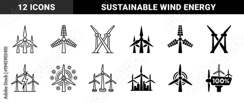 Wind turbine energy icons featuring hybrid symbols of renewable power with solar panels electric bolts and sustainable city silhouettes
