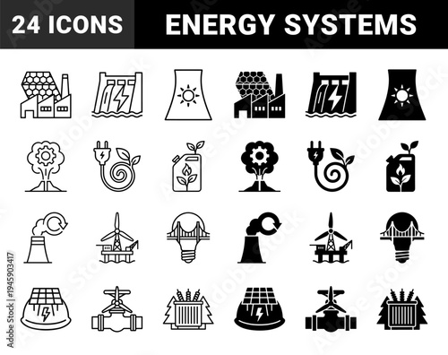 Renewable energy hybrid icon collection featuring conceptual mergers of industrial power plants with nature elements and sustainable electricity symbols
