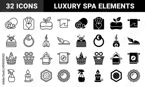 Luxury Spa and Wellness Hybrid Line Icons featuring Conceptual Mergers like Lotus Towel Heart Robe Diamond Fabric and Winged Slipper Symbols
