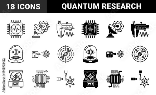 Scientific laboratory equipment and quantum physics symbols featuring atom models integrated with microchips calipers DNA strands and robotic arms