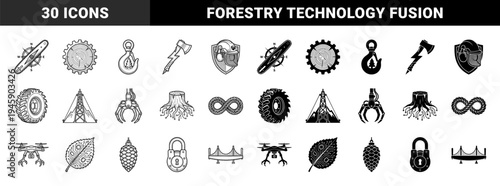 Hybrid Forestry and Technology Concept Icons Featuring Saw Blade Bridge Pinecone Lock Wood Grain Gear and Electronic Circuitry Tree Stumps