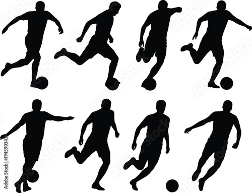 Collection of soccer player silhouettes dribbling ball, football athlete action poses, cad drawing flat vector illustration, sports team players set