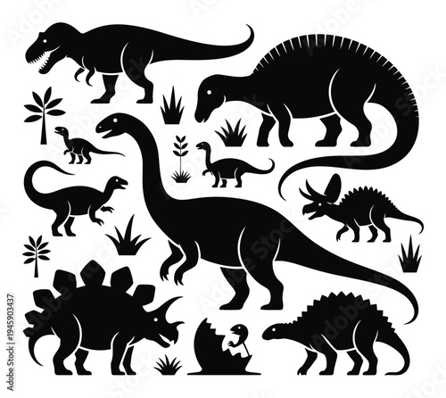 Silhouette Collection of Diverse Dinosaurs and Prehistoric Plants