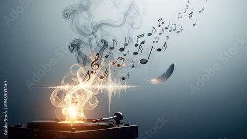 A vinyl record player with music notes and smoke rising from it