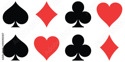 Heart, spade, club, and diamond modern geometric icons, vector set representing playing card suits, ideal for card games, poker apps, casino graphics, and digital or print design projects.
