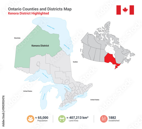 Ontario counties and districts map with kenora district highlighted
