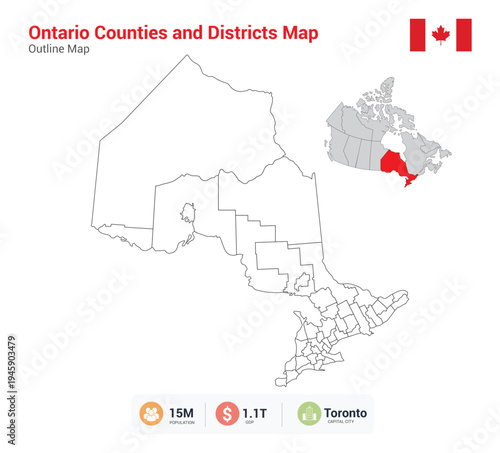 Ontario counties and districts map with outlined regions and highlighted Area