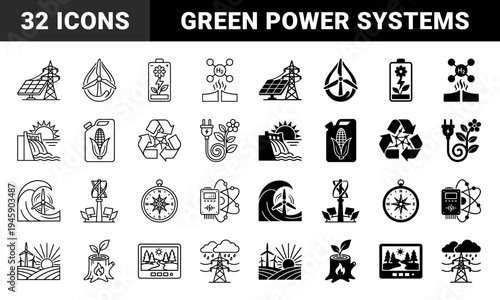 Hybrid renewable energy and ecological sustainability icons merging solar panels power lines wind turbines water dams and bioenergy symbols