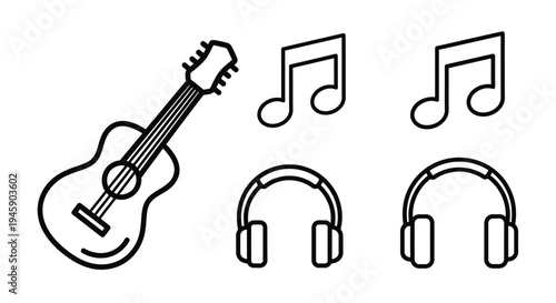 Vector illustration of guitar, musical notes, and headphones for music