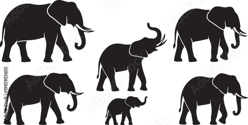 African elephant silhouettes set including adults and baby calf isolated on white