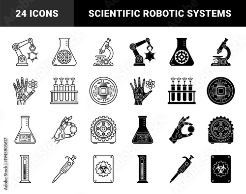 Hybrid laboratory and automation symbols merging biotechnology with robotics featuring mechanical arms flasks microscopes and neural circuitry