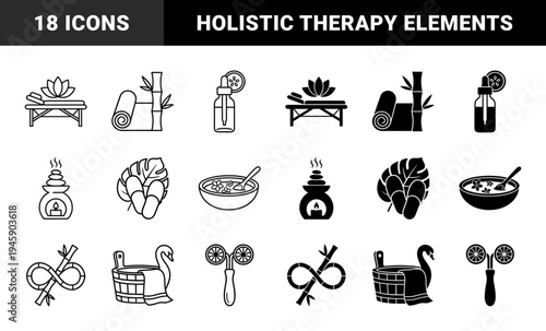 Wellness and holistic therapy icons featuring hybrid designs of bamboo stalks with infinity symbols and lotus flowers on massage tables