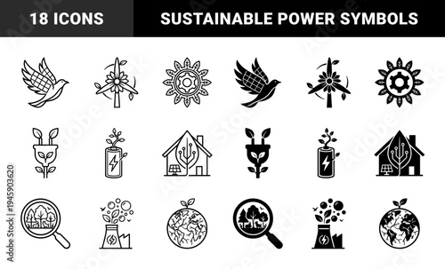 Sustainable Energy Hybrid Symbols Featuring Solar Wing Bird Wind Turbine Flower and Green Power Plug Integrated with Organic Leaf Elements