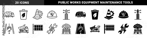 Hybrid municipal service and urban maintenance icons featuring garbage truck with clock leaf bin traffic cone gear and electrical utility pole