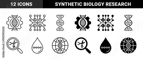 Biotechnology and Genetic Engineering Hybrid Icons Merging DNA Helix with Gear Circuitry Binary Code and Scissors for Synthetic Biology Concepts