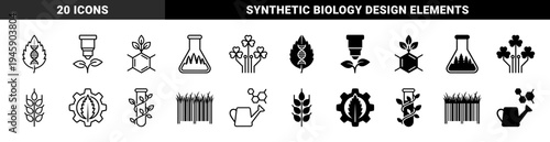Biotechnology and Synthetic Biology Symbols Merging Genetic DNA Helix with Plant Leaves Laboratory Glassware and Industrial Gear Engineering Elements