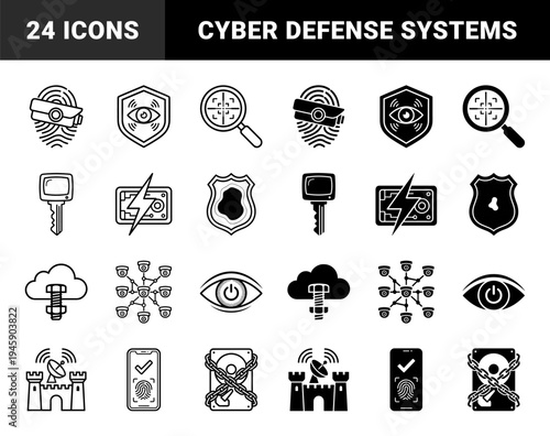 Cybersecurity and Digital Surveillance Hybrid Symbols Featuring Biometric Fingerprints Merged with Security Cameras and Encrypted Data Shields